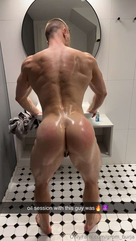 Current #2 . My gym bro helped me to oil up after hard worko..