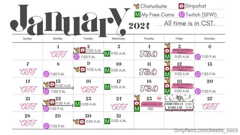 January Calendar 2024!  I am starting up my twitch streams a..