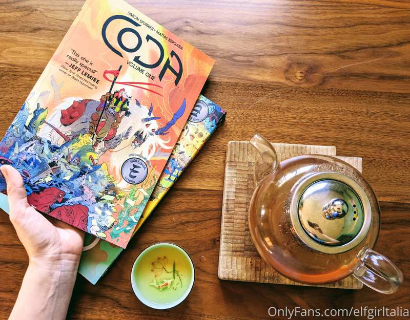 Sipping herbal tea I made from scratch & reading graphic nov..