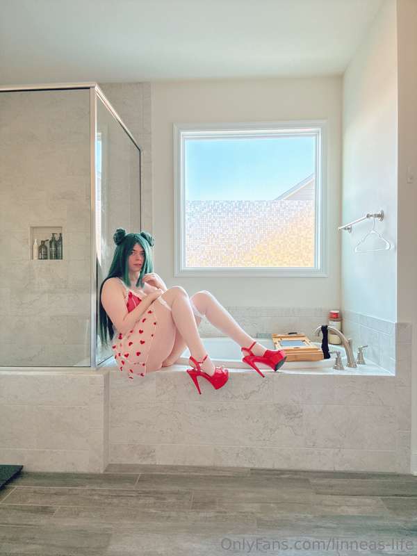 White sheer dress with red Hearst and long dark green wig pi.. 15