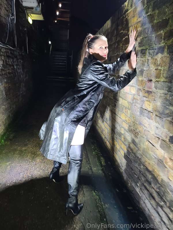 Long leather jacket Leather thigh high bootsAlley way slut f.. 3