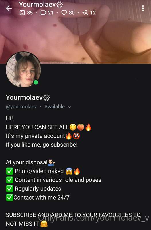 https://onlyfans.com/yourmolaev
Be closer 🥵🥰 2
