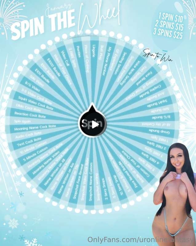 ❄️ 𝗦𝗽𝗶𝗻 𝘁𝗵𝗲 𝘄𝗵𝗲𝗲𝗹 ❄️
𝟭 𝘀𝗽𝗶𝗻 $𝟭𝟬
𝟮 𝘀𝗽𝗶𝗻𝘀 $𝟭𝟱
𝟯 𝘀𝗽𝗶𝗻𝘀 $𝟮𝟱

𝑷𝒓𝒊..