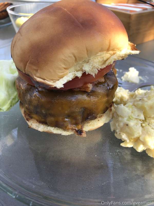 Easter burger, made by a friend. Potato salad along side is ..