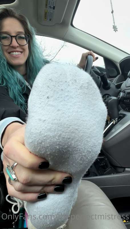 White sock strip tease in my car! 😘 Nibble on my heel and te..