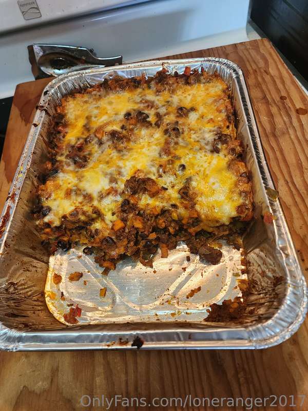 Today's dinner...beef taco casserole. Topped with salsa, sou..