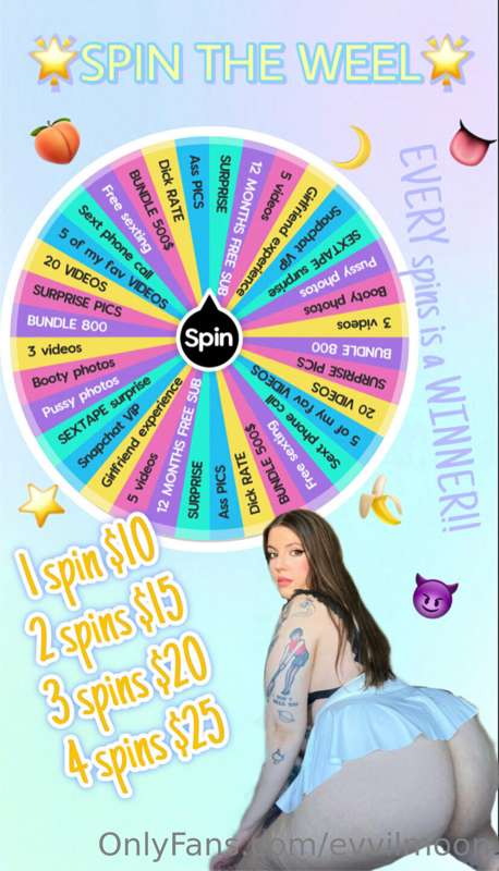 💖⭐️𝐒𝐏𝐈𝐍 𝐓𝐇𝐄 𝐖𝐄𝐄𝐋⭐️💖

👅1 spin- $10 
👅2 spins -$15
👅3 spins-$2..