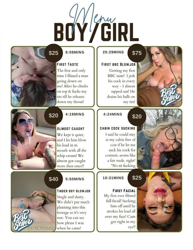 ✨𝐌𝐄𝐍𝐔✨

➡️ 𝚃𝚑𝚒𝚗𝚐𝚜 𝚝𝚘 𝚗𝚘𝚝𝚎:
- B/G Videos are ORAL only. I do .. 2