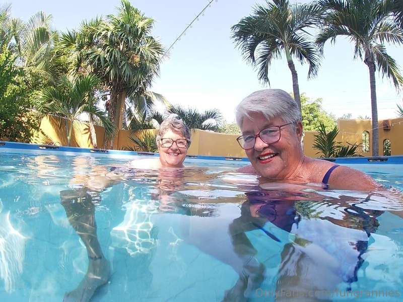 Us fungrannies are modeling our new swim tops, that's right .. 2