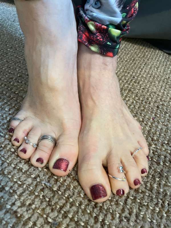 Pretty feet, polished toes, and dainty toe rings complementi..