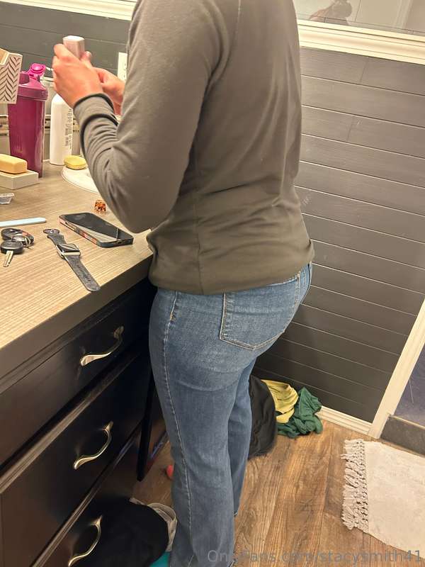 Out of workout clothes to work clothes. 1