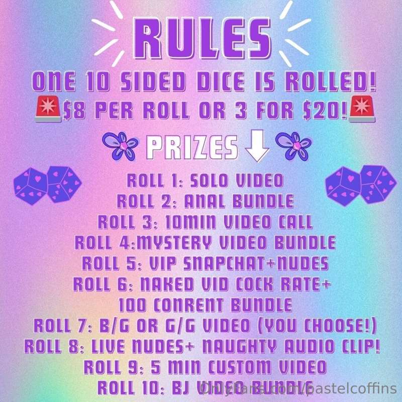 ## 🪩💜 𝗥𝗔𝗩𝗘 𝗚𝗜𝗥𝗟 𝗗𝗜𝗖𝗘 𝗥𝗢𝗟𝗟! 💜🪩

### 🎲🎲$𝟴 𝗙𝗢𝗥 𝟭 𝗥𝗢𝗟𝗟, $𝟮𝟬 𝗙𝗢𝗥 ..