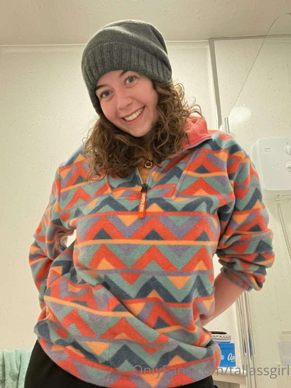 Feeling cute and cosy in my fleece and hat (I made the hat m..