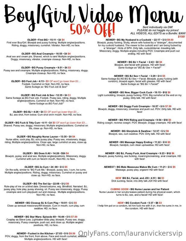 ALWAYS 50% OFF Boy/Girl FUCK VIDS! Swipe for the menu!