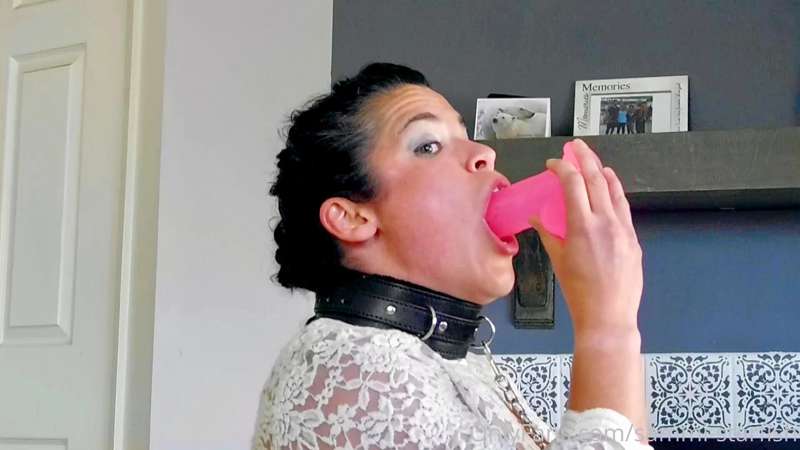 Sucking on a fat dildo dressed as a slutty soccer mom 3
