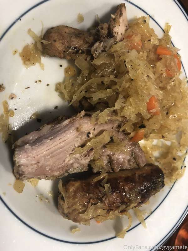 My take on Choucroute garnie, ala mom, featuring country-sty..
