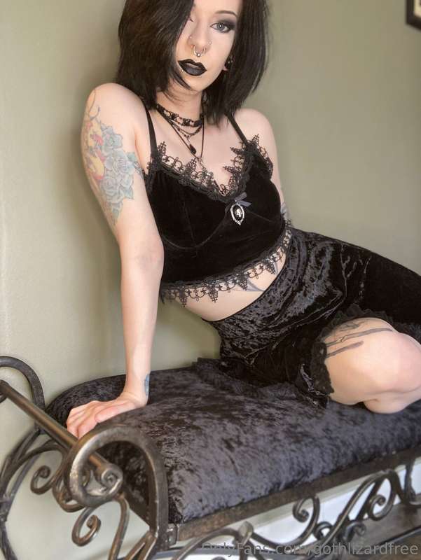 Velvet outfit on a velvet bench. I will slip my panties to t..