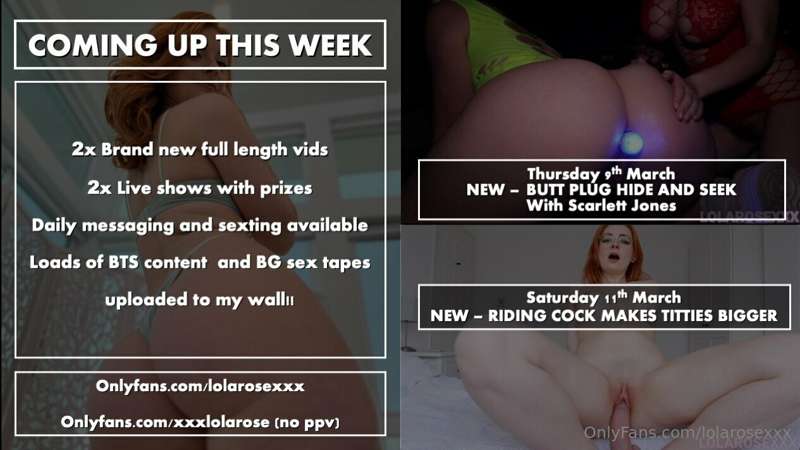 💖WEEKLY LOLA UPDATES!!💖

Find out who I'm fucking this week ..