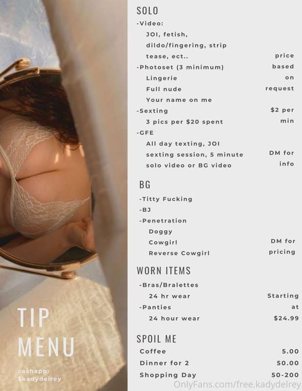 new tip menu!
DM’s are open for custom content inquiries onl..